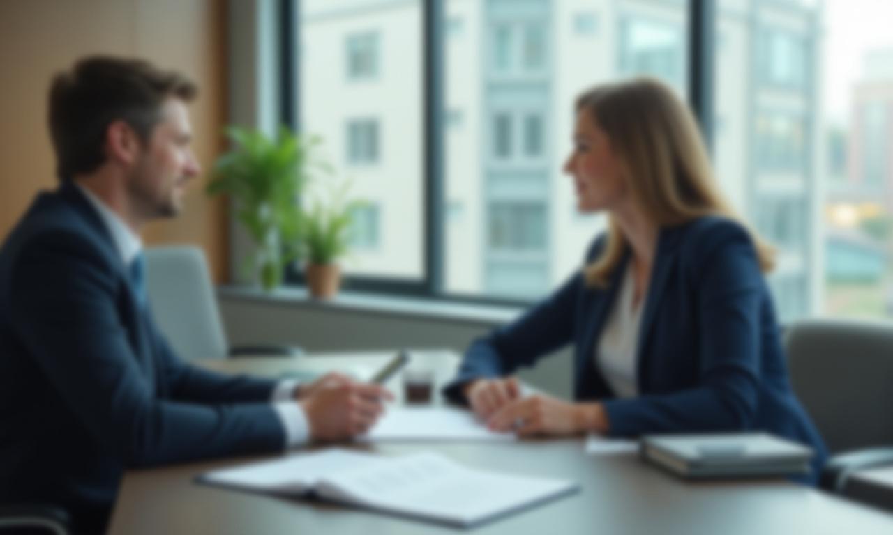 弁護士がクライアントと相談している様子、法的な文書とデジタルタブレットがテーブルに置かれている